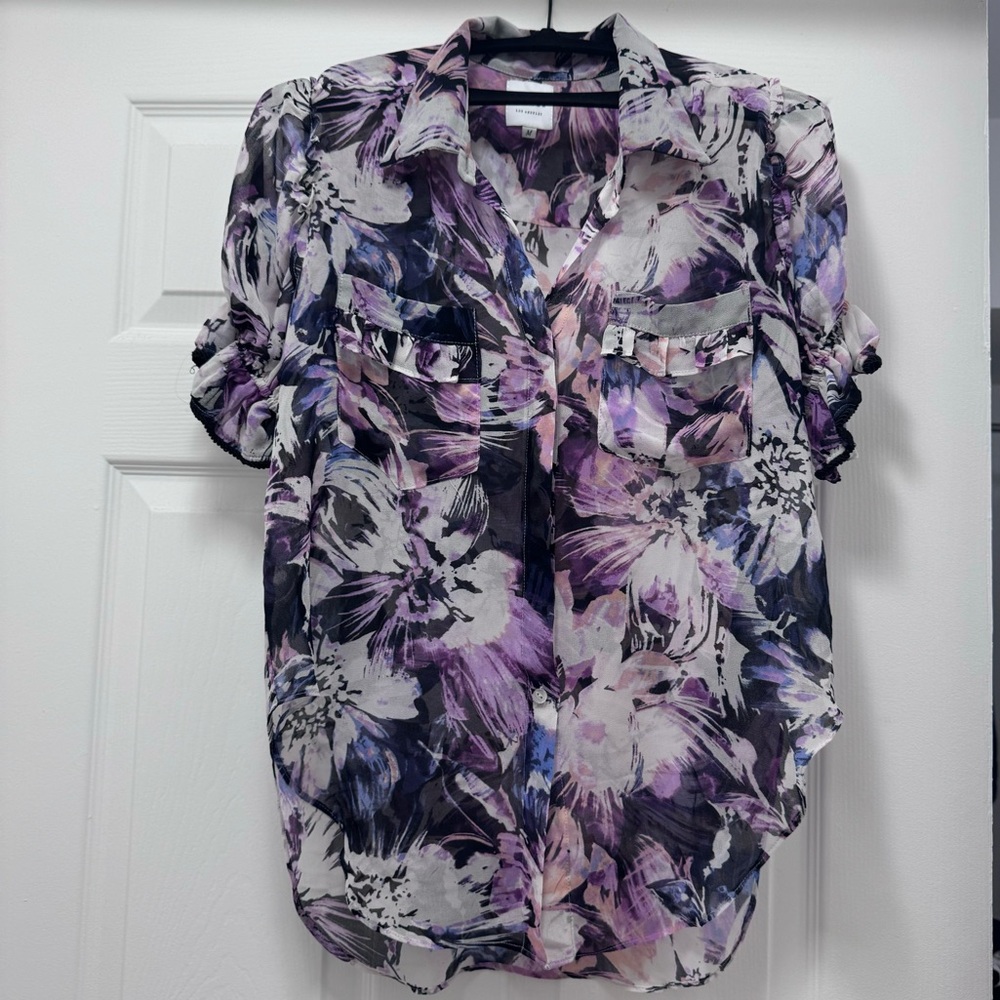 MISA Los Angeles Lara Purple Floral Print Short Sleeve Collared Blouse